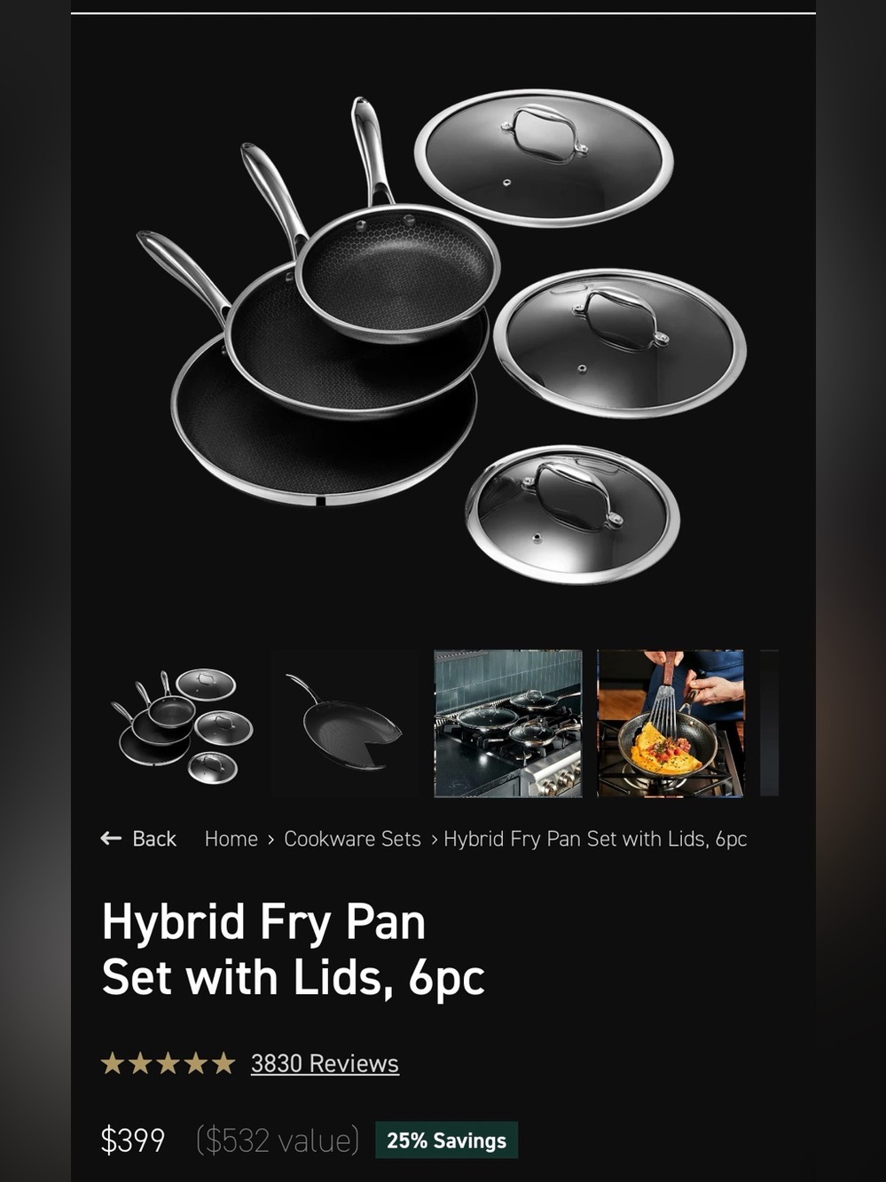 HexClad Hybrid Nonstick Fry Pan Set with Lids, 6pc - Black